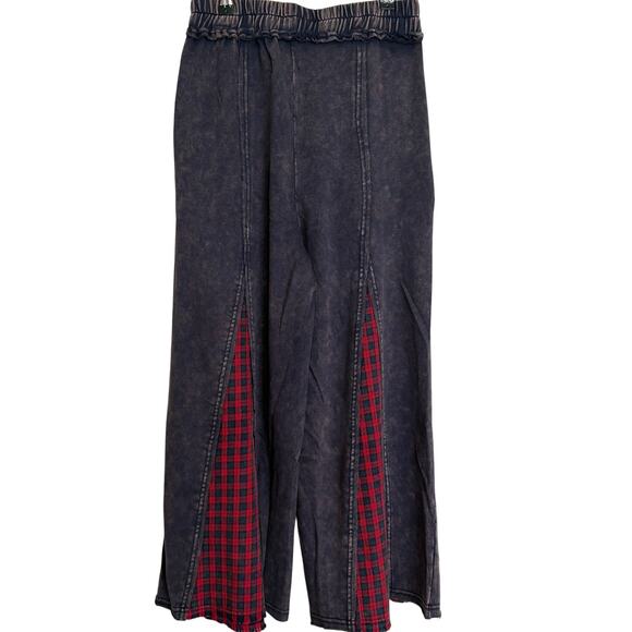 Sage + Fig Wide Leg Plaid Patchwork Washed Pants - Blue - Picture 3 of 7